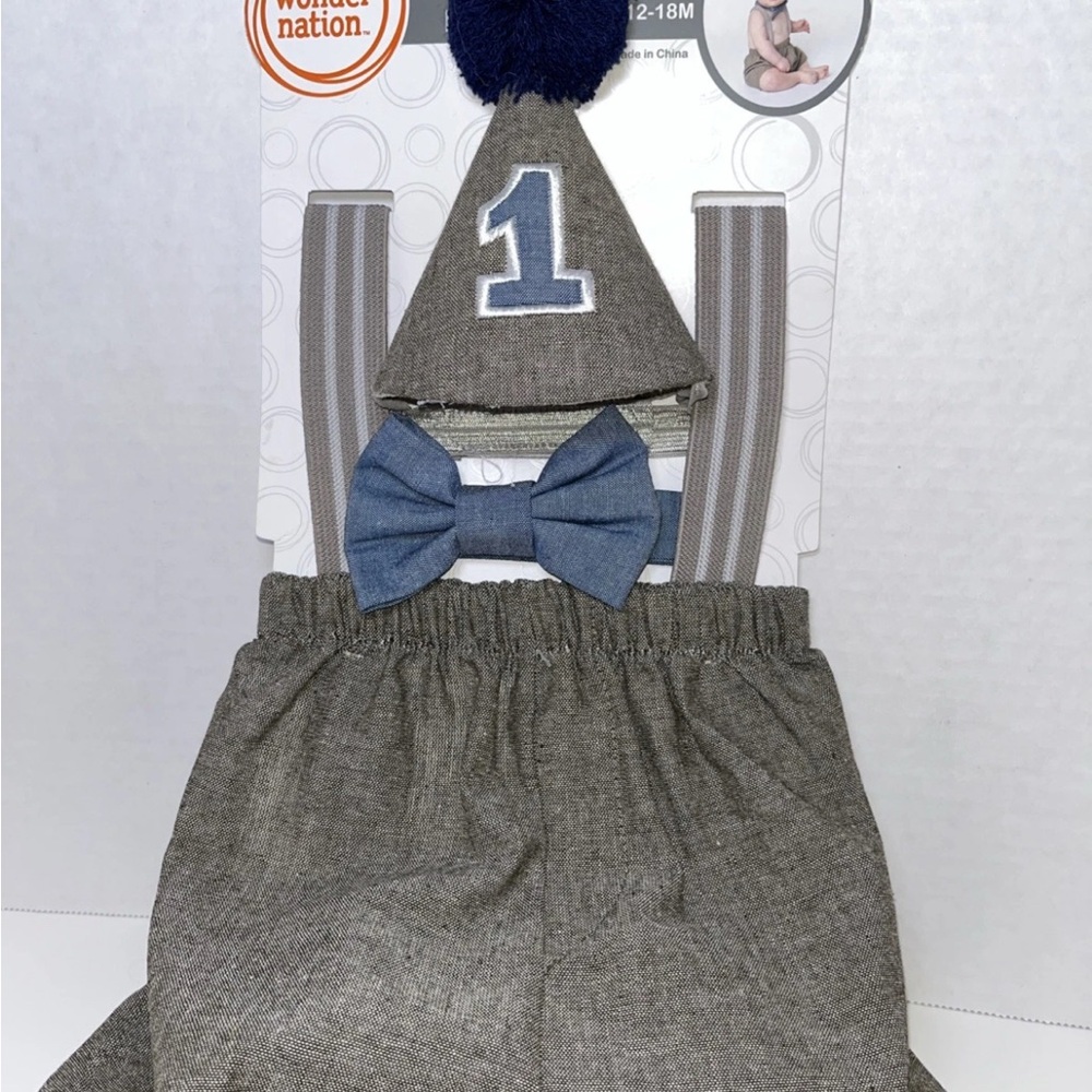 Wonder Nation Gray and Blue 1st Birthday Set with Hat New